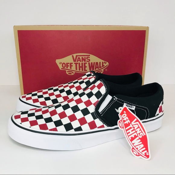 New! Vans Asher Men’s Skate Shoes Chili Pepper Black Check Slip On Sneakers - Picture 2 of 13